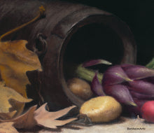 Load image into Gallery viewer, Detail of the antique wooden vase with an artichoke, potato, and radishes, as well as the leaDetail of the antique wooden cylinder vase with an iron metal edging, as well as the metal chain to hang the container in the print of the painting &quot;Artichoke, Radishes, Potatoes, and Leaves&quot; Print on Fine Art Paper with white border for easier framing. Art by artist Kelly Borsheim
