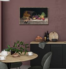 將圖片載入圖庫檢視器 Another framing option, cut off the white mat and the print will look more like original art, shown here is a kitchen with burgundy walls.  "Artichoke, Radishes, Potatoes, and Leaves" Print on Fine Art Paper with white border for easier framing. Art by artist Kelly Borsheim