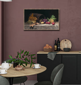 Another framing option, cut off the white mat and the print will look more like original art, shown here is a kitchen with burgundy walls.  "Artichoke, Radishes, Potatoes, and Leaves" Print on Fine Art Paper with white border for easier framing. Art by artist Kelly Borsheim