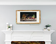 Load image into Gallery viewer, Shown framed and hanging over a white mantle in an elegant home:  &quot;Artichoke, Radishes, Potatoes, and Leaves&quot; Print on Fine Art Paper with white border for easier framing. Art by artist Kelly Borsheim
