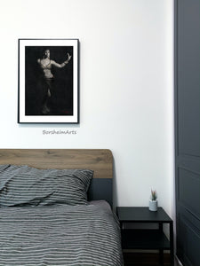 small print of belly dancer artwork becomes the focal point in this masculine bedroom decor.