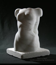 Load image into Gallery viewer, two torsos back to back, this marble torso is the feminine half.  They share shoulders in this romantic marble sculpture statue 
