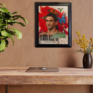 Man in information overload, thinking of going Back to Nature, oil painting to remind a computer user to take a break, home office.  Man surrounded by digital age references, while hummingbirds and butterflies swirl around his dazed head.