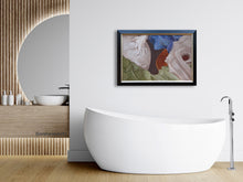 Load image into Gallery viewer, This art inspired by an antique seahorse and a falling maiden looks great in this modern decor bathroom with large rounded white bathtub

