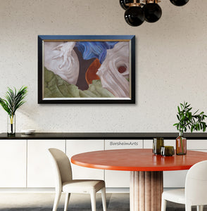 large framed art looks great in a dining room with a rusty orange tabletop since a slightly darker orange is in the abstract painting on the wall.
