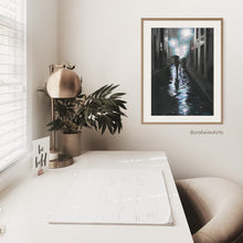 Load image into Gallery viewer, fine art print of a couple walking in the rain at night in Florence Italy looks great framed in a home office.
