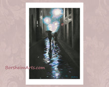 Load image into Gallery viewer, the print of a couple walking down the stone road of Florence, Italy, at night in the rain. one umbrella, mostly black and blue colors, from original charcoal and pastel drawing. has white borders
