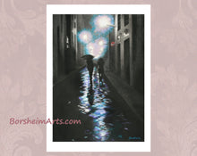將圖片載入圖庫檢視器 the print of a couple walking down the stone road of Florence, Italy, at night in the rain. one umbrella, mostly black and blue colors, from original charcoal and pastel drawing. has white borders