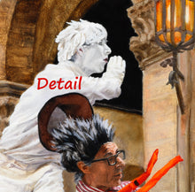 Load image into Gallery viewer, This is a detail image of the realistic oil painting of two mimes in Florence, Italy.  It focuses on the man in all white, including makeup on his face.  His hand is raised up near his mouth, as if to focus the sound as he calls to someone.  Florenc,e Italy original  artwork
