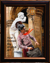 Load image into Gallery viewer, Original painting shown in wood frame.  16 x 12 inch realistic figure art of two men, mime street performers in Florence, Italy by artist Kelly Borsheim.  Available for sale or buy prints.
