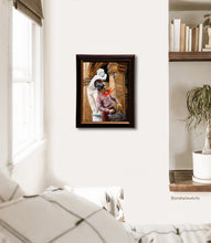 Load image into Gallery viewer, The original oil painting of Buskers in Firenze is shown here in a mockup of a Boho bedroom scene, with mostly whites and browns.  This makes the art the clear center of attention in the room decor.
