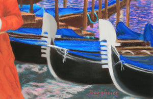 Detail of the gondolas painted in black, blue and silvers is featured in this detail of a painting in pastels.  Artist signature Kelly Borsheim is shown in the lower right corner.