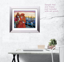 Load image into Gallery viewer, An example of the pastel print of Carnevale Sunset framed with white mat and large beveled silver frame.  hung over home office for student. 
