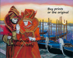 Pastel painting on Pastelbord gives solid support for the artwork.  Prints available (see link in description) but also the original artwork, framed with Museum Glass for far fewer reflections to enjoy the art by Kelly Borsheim... Colorful painting of Carnevale in Italy Venezia
