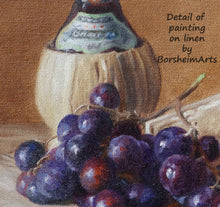 Load image into Gallery viewer, Detail of luscious purple and red grapes, as well as the Chianti straw bottle of wine, great gift art
