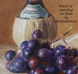 Detail of luscious purple and red grapes, as well as the Chianti straw bottle of wine, great gift art
