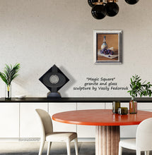Load image into Gallery viewer, Still life painting of Italian food staples look great in this dining room.  Shown also in the black granite stone sculpture with glass by Vasily Fedorouk.
