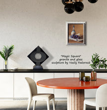 Carica l'immagine nel visualizzatore di Gallery, Still life painting of Italian food staples look great in this dining room.  Shown also in the black granite stone sculpture with glass by Vasily Fedorouk.