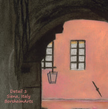 Load image into Gallery viewer, Detail of coral building in Tuscany Siena Italy pastel drawing
