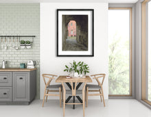 Load image into Gallery viewer, mockup framed art, buy prints or change the frame of the original art you buy. Coral Corridor in Siena Italy, Tuscan drawing by Kelly Borsheim, shown here in a dining room