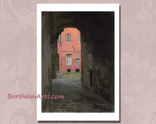 Load image into Gallery viewer, prints available of Coral Corridor, an Italian stone courtyard in Siena, Italy in Tuscany colors