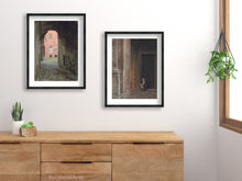 Load image into Gallery viewer, prints mockup with a print of Pensive in Bologna, mockup framed art, buy prints or change the frame of the original art you buy. Coral Corridor in Siena Italy, Tuscan drawing by Kelly Borsheim, shown here over a bedroom dresser