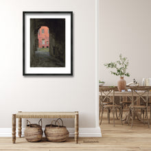 Load image into Gallery viewer, mockup framed art, buy prints or change the frame of the original art you buy. Coral Corridor in Siena Italy, Tuscan drawing by Kelly Borsheim, shown here in a dining room
