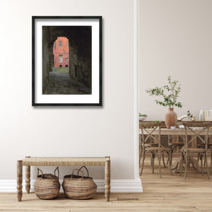 mockup framed art, buy prints or change the frame of the original art you buy. Coral Corridor in Siena Italy, Tuscan drawing by Kelly Borsheim, shown here in a dining room