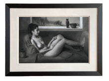 將圖片載入圖庫檢視器 The original charcoal and white pastel drawing in its double mat and black lined frame, Daydreaming of Yesterday, a nude woman sitting on a couch lost in thought.