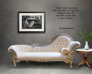 Classical nude art looks great over a romantic fainting couch. Elegant home decor by artist Kelly Borsheim