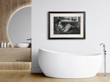 將圖片載入圖庫檢視器 black and white drawing of a nude woman looks great in this modern bathroom, its curves contrasting with the rectangular image and frame. Daydreaming of Yesterday, perfect for lounging in this gorgeous white bathtub.