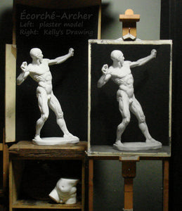 This image shows the sight-size drawing method of lining up the model with the artist's easel so that both align horizontally.  the archer Écorché seen from the point of view 2 meters distant that the artist used to judge her marks on the paper.