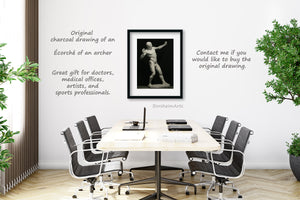 Archer Écorché charcoal drawing graces a professional meeting room, perhaps for medical staff or doctors, or even sports professionals
