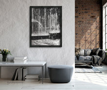 Load image into Gallery viewer, print of charcoal drawing of public water fountain in Milano, Italia, shown here in a grey wall with red brick wall in the background, elegant loft apartment art
