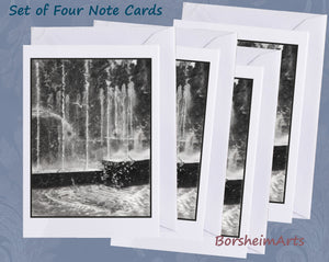 custome order of set of 4 note cards of Effervescence, a charcoal drawing of spraying water fountain in Milan, Italy.  Art by artist Kelly Borsheim