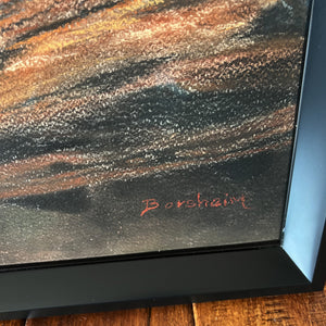 Detail of lower right corner of original painting to show the artist Kelly Borsheim's signature, as well as a detail of the simple black beveled frame.  spacer bars were used at frame's inner edges to prevent the pastel from touching the Museum Glass without having a mat, thus giving a more painterly effect.