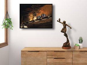 Mock-up of Fiesole Still Life Tuscan warm colors painting print, shown with Warrior Spirit man and bird bronze sculpture