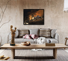 Load image into Gallery viewer, The warm oranges and golds of Tuscany create a cozy living room as wall art.  Sculpture Together and Alone by the same artist Kelly Borsheim is shown on the wooden coffee table.  Buy original art!
