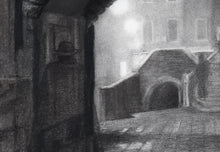 Carica l'immagine nel visualizzatore di Gallery, detail of original charcoal drawing of ghost man in tabarro as he approached the Venetian canal in fog