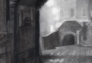 detail of original charcoal drawing of ghost man in tabarro as he approached the Venetian canal in fog
