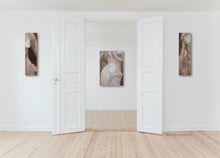 Laden Sie das Bild in den Galerie-Viewer, Three lovely monochromatic paintings look great on these white walls in an entryway... stunning figure art for your enjoyment.