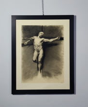 Load image into Gallery viewer, Classical style of realistic drawing of Jesus on the Cross idea or study for a painting.  Shown here framed with mat, glass, and solid wood wide black frame, ready to hang

