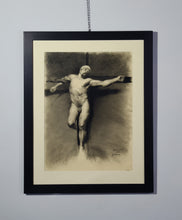 Load image into Gallery viewer, Classical style of realistic drawing of Jesus on the Cross idea or study for a painting.  Shown here framed with mat, glass, and solid wood wide black frame, ready to hang