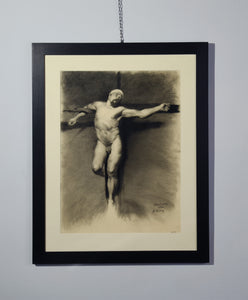 Classical style of realistic drawing of Jesus on the Cross idea or study for a painting.  Shown here framed with mat, glass, and solid wood wide black frame, ready to hang
