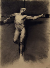 Load image into Gallery viewer, Muscular nude male hangs on crucifix while his eyes look to the heavens.  Charcoal figure drawing on Italian (Umbria) paper is a copy of master artist Mariano Fortuny by contemporary artist Kelly Borsheim