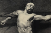 Load image into Gallery viewer, detail of the man's face and chest drawing copy of late Spanish artist Mariano Fortuny, white turban or fabric wrapped around the nude man's head as his eyes look heavenwards