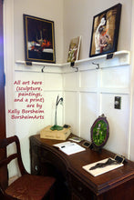 Load image into Gallery viewer, Three paintings, one framed print, and two sculptures make this entryway welcoming and warm home decorsmall to medium sized oil painting of botanical subjects may be hung on the wall or, as shown here, exhibited on a easel, such as the type made for collector plates. The two sculptures in the image are also by the same artist, Kelly Borsheim
