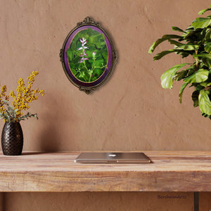 Lovely oval portrait of the wildflower Fumaria Officinalis with English ivy warms up this home office.