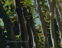 將圖片載入圖庫檢視器 Detail of the fine art pastel drawing on black lined paper shows the textures of the trees sky and leaves of fall in this Italian tree-lined street scene.
