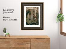 Load image into Gallery viewer, here the drawing of the merry-go-round in Florence, Italy, is shown with a wider brown and shapely frame on a bedroom wall
